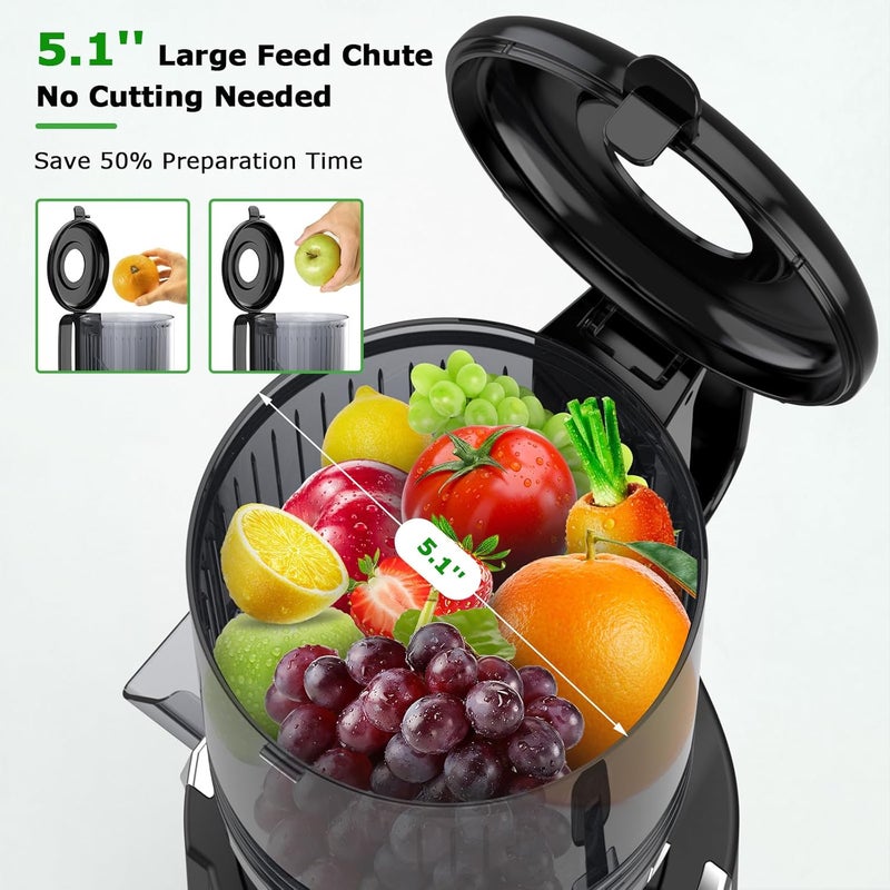 OMMO Cold Press Juicer Machines : 5.1" Wide Feed Chute Slow Masticating Juicer for Whole Fruits & Vegetables, Easy to Clean, High Juice Yield, BPA Free, Black - Image 2